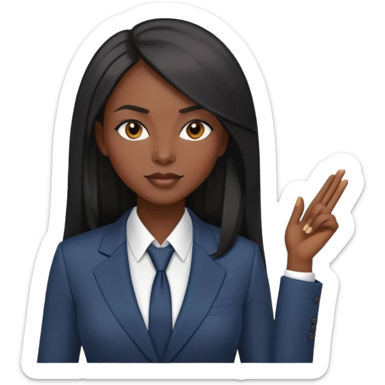Confident African businesswoman with straight long black hair, sleek professional look, wearing power suit sticker