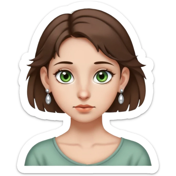 generate an icon of a girl with gray-green eyes and brown hair with pierced ears on one side five earrings on the other two also on the cheek the girl has a mole/ With all her emotion sticker