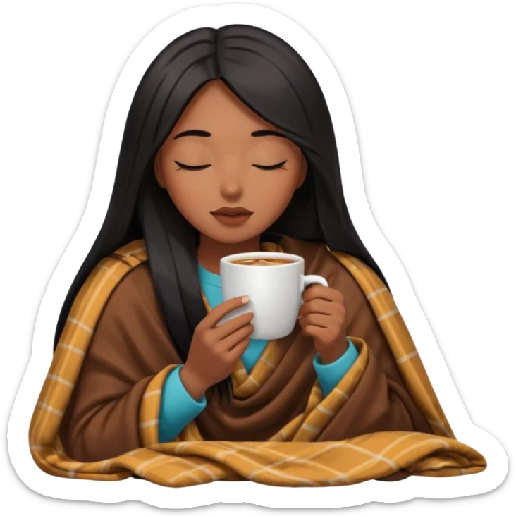 Chocolate brown girl with long straight jet black hair inside a blanket sipping coffee eyes closed sticker