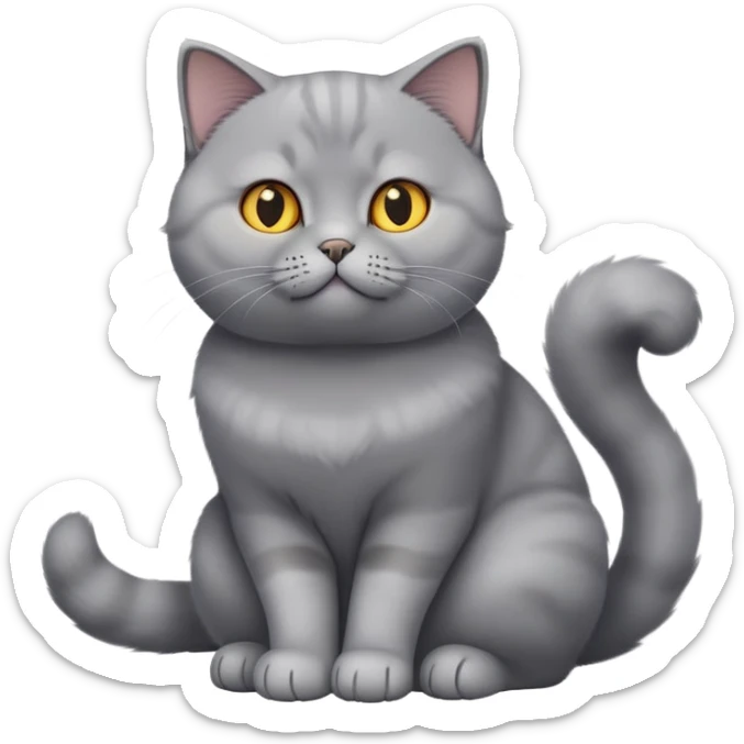 cinematic-[British shorthair cat]-realistic-full-body-sitting-emoji,-tail-curled-playfully-around-its-paws,-head-tilted-dramatically,-fluffy-[grey]-fur,-simplified-yet-hilariously-adorable-features,-highly-detailed,-glowing-with-an-almost-sarcastic-glow sticker