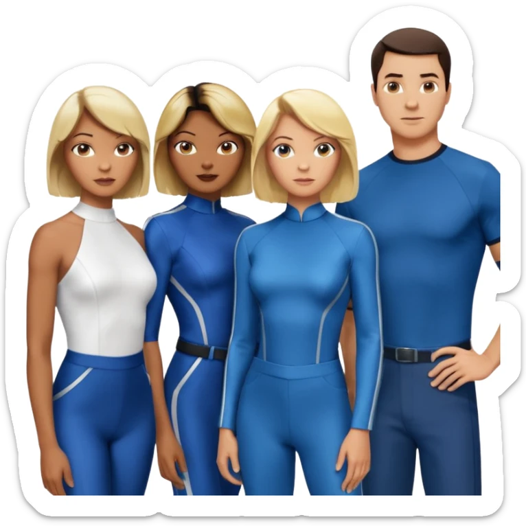 3 Friends standing side by side, charlie's angels style: 1 black woman with a short flat pressed bob, 1 hispanic man with a thin nose and long hair, and 1 white guy with blue eyes and a short brown-blonde haircut sticker