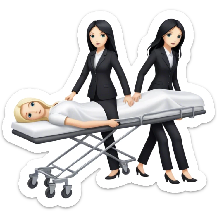 Two woman in black pants suits. One has long black hair and one has long blond hair. They are pushing a stretcher with a dead body on it that is covered in white sheets  sticker