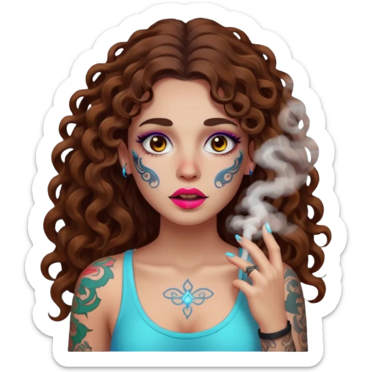 woman with long curly brown hair, brown eyes, white skin, tattoos, neon fog coming from her breath sticker
