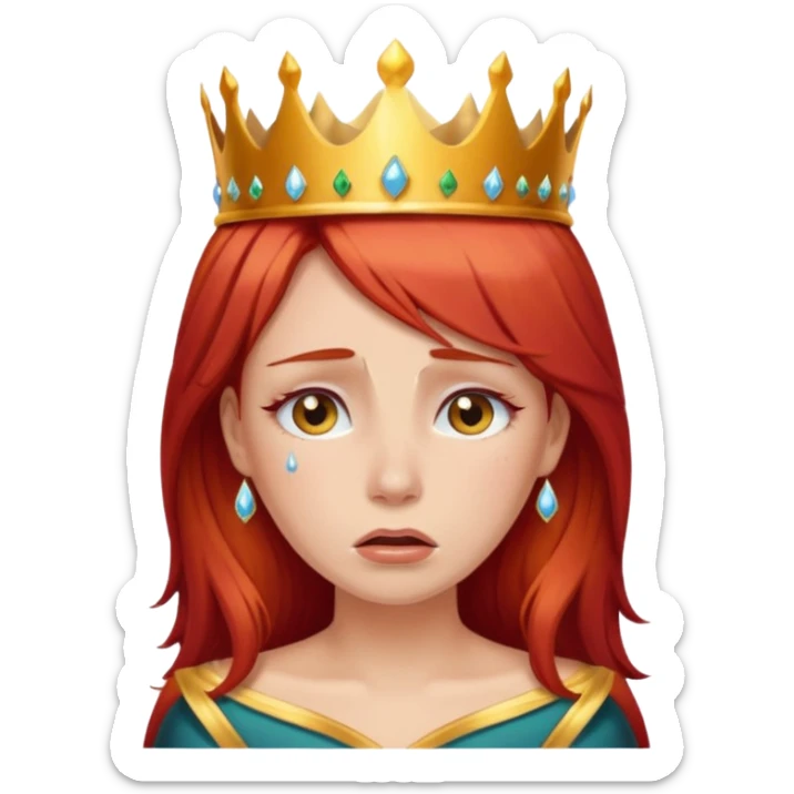 Beautiful lady crying tears can see shoulders red hair and crown on her head sticker