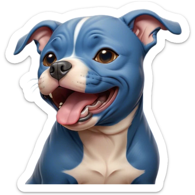 Cinematic Cute Yawning Blue Staffordshire Bull Terrier Portrait Emoji, Head tilted slightly with a dramatic, wide-open yawn, showcasing a smooth blue Fur with a refined texture, floppy ears slightly drooping, round dark eyes barely open in drowsy contentment, Simplified yet irresistibly adorable features, highly detailed, glowing with a soft, cozy glow, high shine, relaxed yet expressive, stylized with a touch of whimsy, bright and endearing, soft glowing outline, capturing the essence of a sleepy yet affectionate guardian, so drowsy it feels like it could stretch right out of the screen and curl up for a nap! sticker