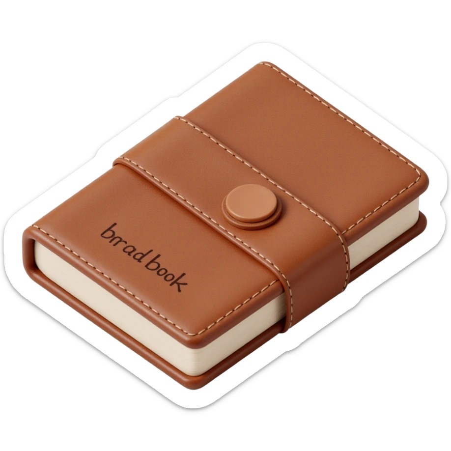 leather-bound notebook with stitching and 'brandbook' written on it, skeuomorphism icon style sticker