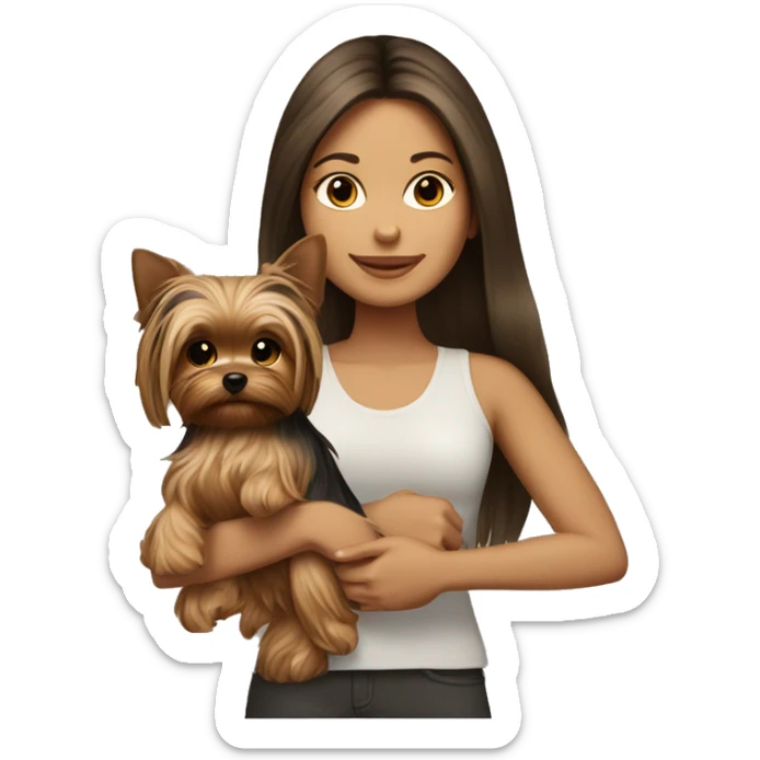 Brunette long hair light tan girl with yorkie puppy sticker