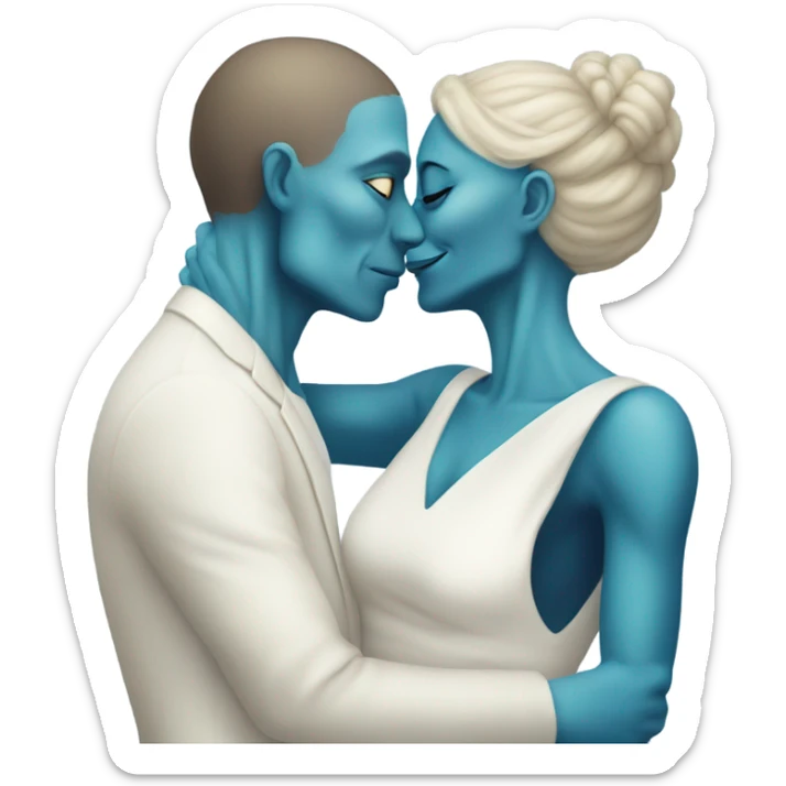 Alien reptilian woman in white dress hugs and kissing a normal white male human man in blue dress sticker