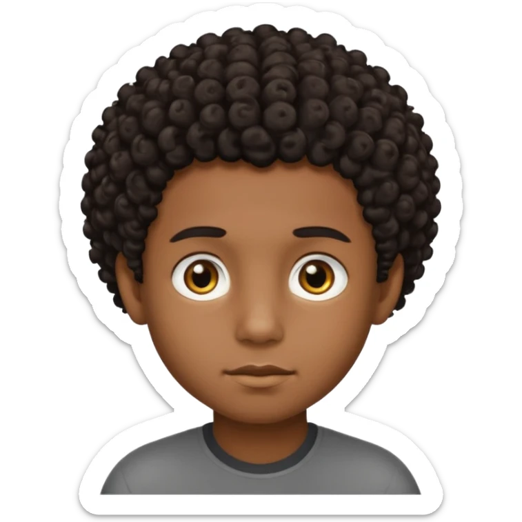 This avatar of black boy has tightly curly dark hair styled upward, a rounded face with golden-brown eyes, and a neutral expression sticker