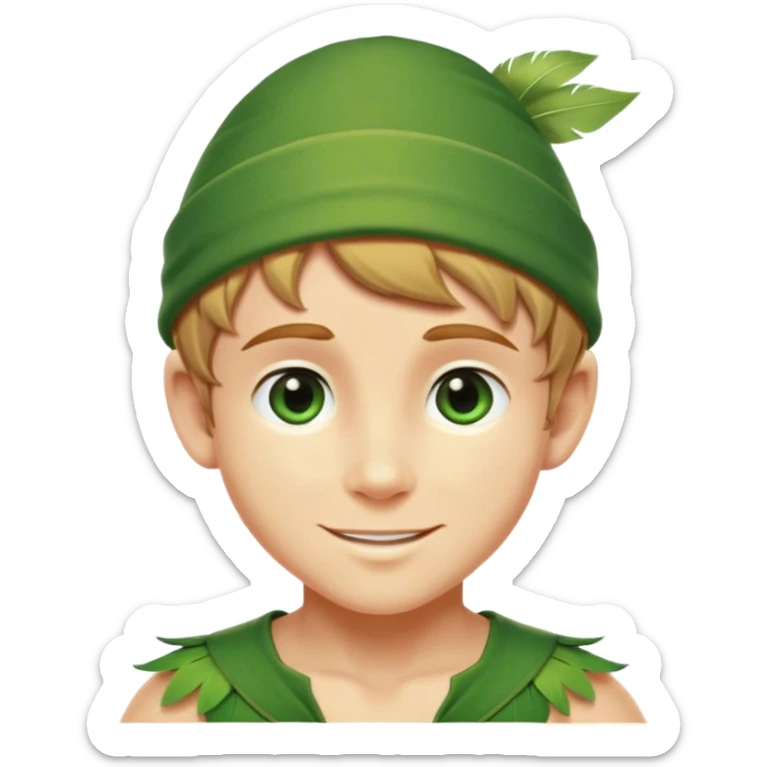 Cinematic Realistic Peter Pan Portrait, depicted with lifelike, youthful skin touched by a gentle sun-kissed glow. His bright, expressive eyes and confident smile evoke a timeless sense of wonder. Dressed in his iconic green tunic and feathered cap, every detail is rendered with soft, natural lighting that highlights his blend of innocence and courageous spirit. sticker