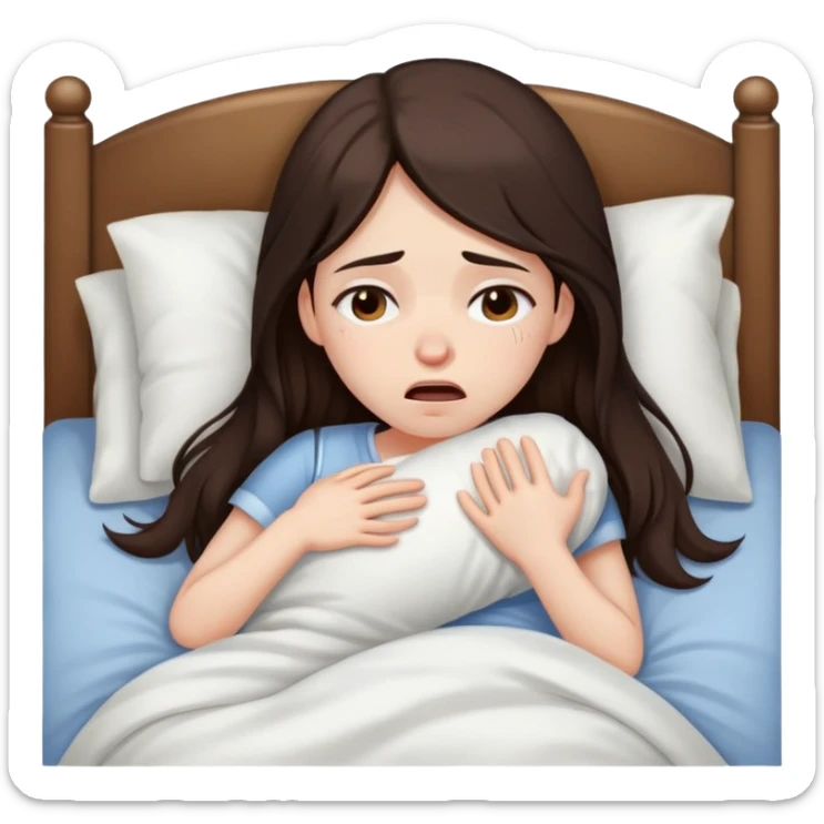 girl with long dark brown hair brown eyes and pale skin crying in bed tired sick sticker