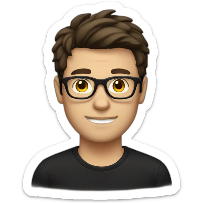 a slim white man with a straight-faced chin with messy short dark brown hair, with a black t-shirt, black rectangular glasses sticker