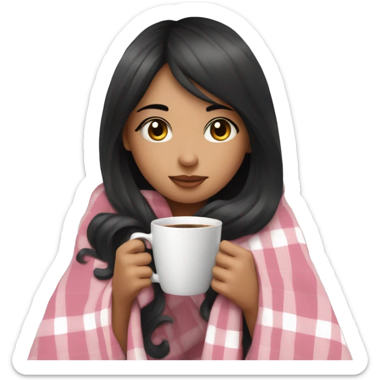 A cute black hair girl wrapped in pastel pink plaid blanket drinking coffee sticker
