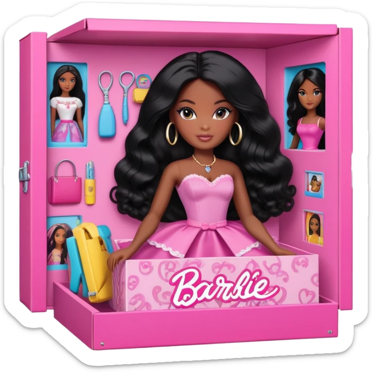  beautiful black women is inside barbie doll box with thick black hair with doll accessories on the side sticker