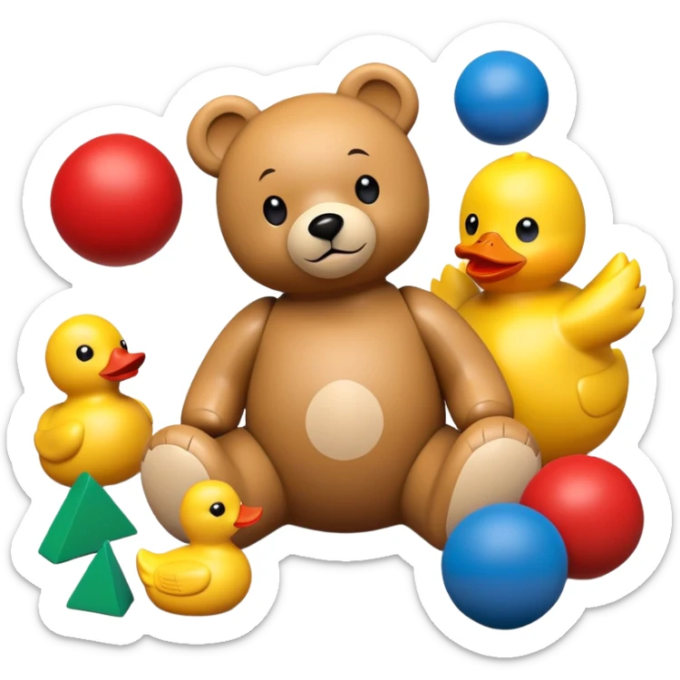 colorful children's toys scattered - teddy bear, yellow duck, wooden blocks, red ball, superhero figure sticker