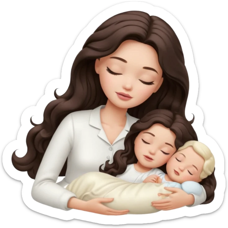 White Barbie girl dark brown long wavy hair in white clothes sleeping with white baby at cream bed, eyes are closed sticker