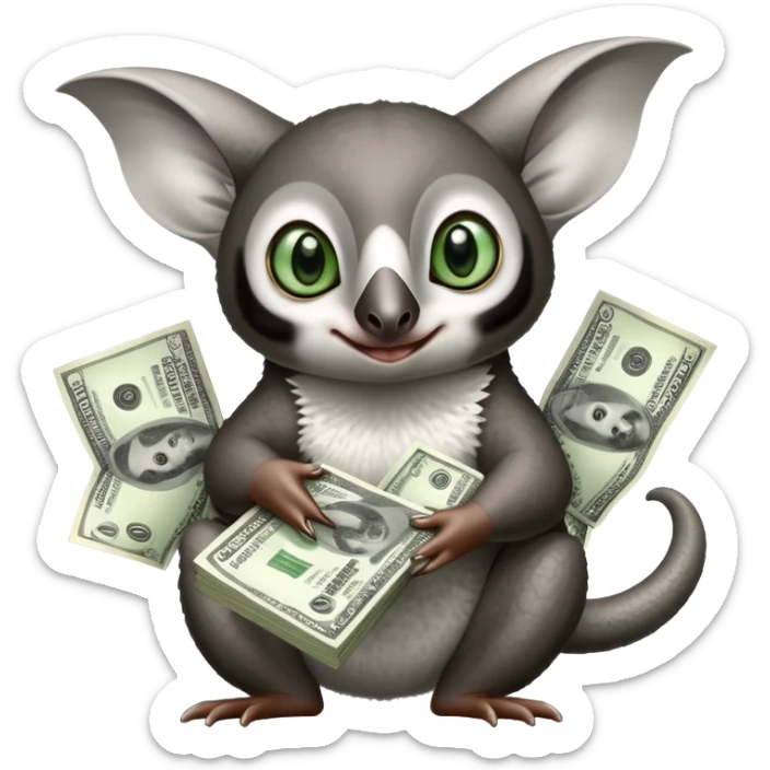 Black and white Flying lemur with big ears and green eyes named momo with money sticker