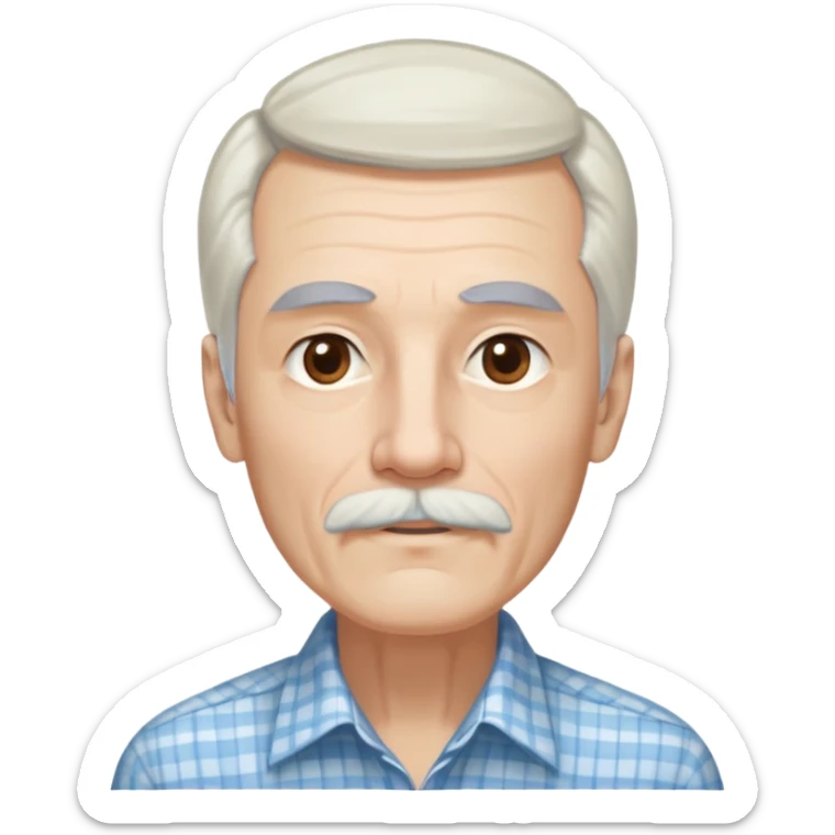 Skinny man in his 70s with fair skin. Long narrow face. Gentle light brown eyes. Long, flowing straight white hair reaching past shoulders, with light bangs. Thin eyebrows. White goatee connected to mustache. Slender appearance. Wearing a light blue and beige checkered button-up shirt. sticker