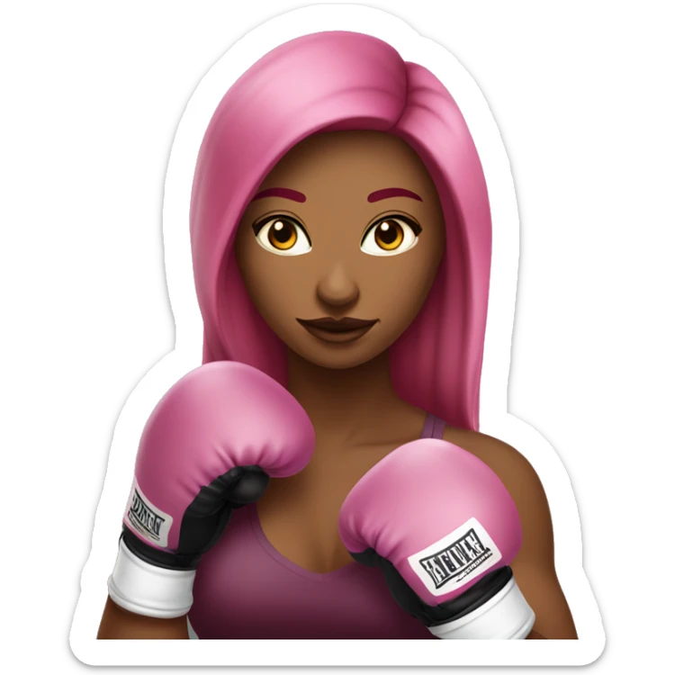 Beautiful tattooed  burgundy long haired woman boxing with pink gloves sticker
