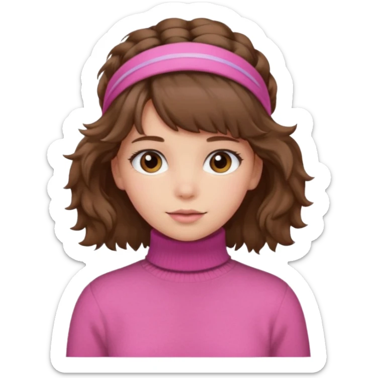 brown fluffy haired girl with pink turtleneck sweater and hair band sticker