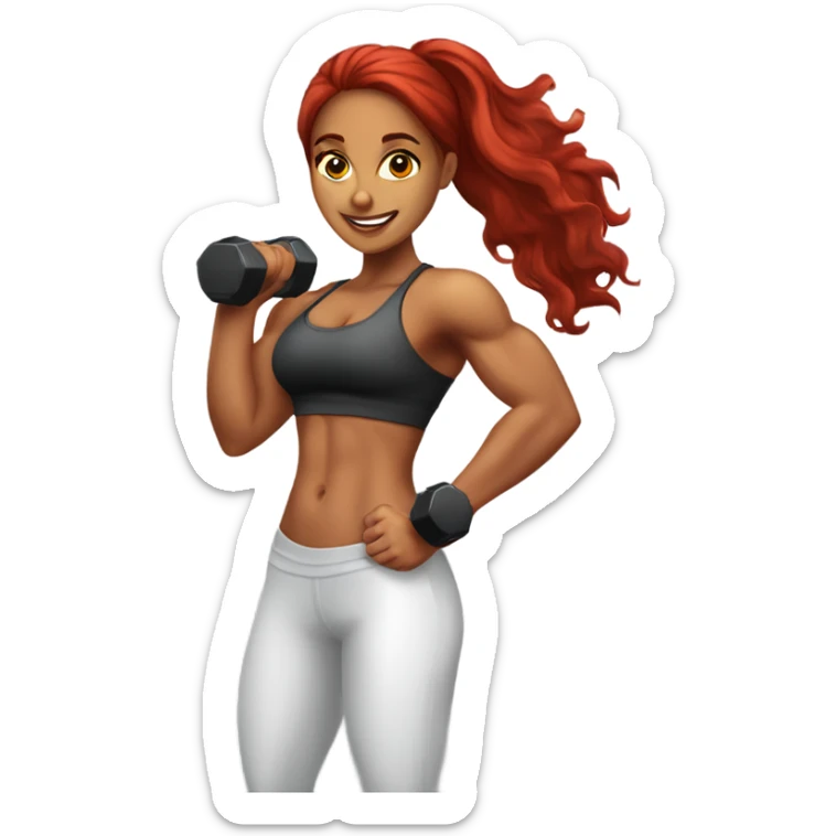 Very fit Latina girl with long red hair holding dumbbells at the gym with abs of steel sticker