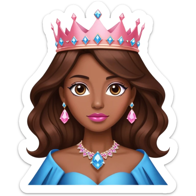 Queen, brown long hair, big crown with pink diamonds, black dress with blue diamonds sticker