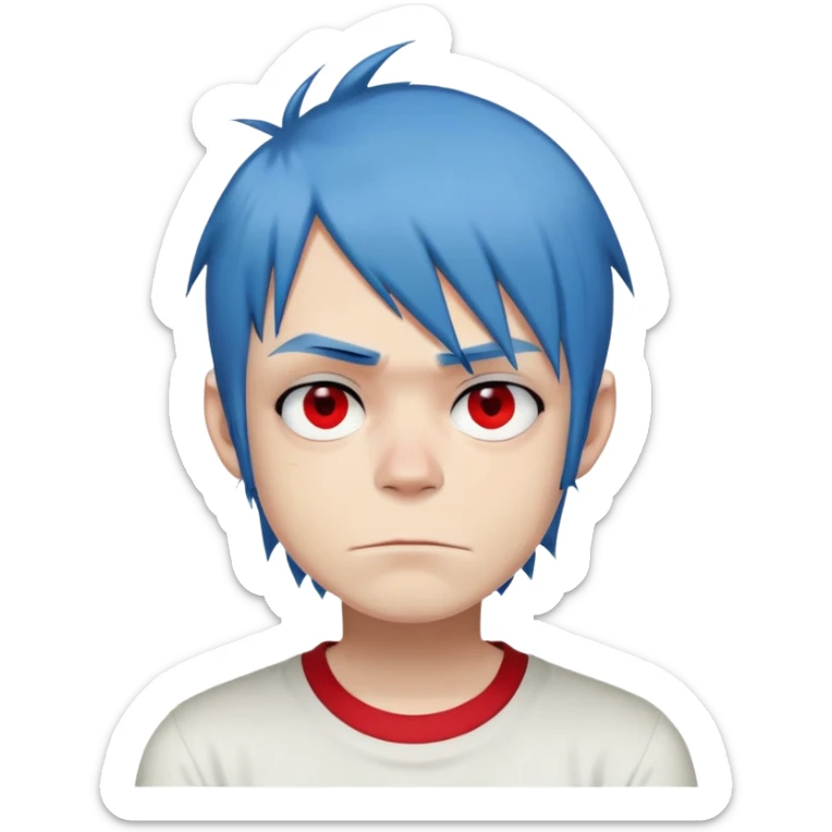 2D from gorillaz blue hair completely white eyes tall top half white shirt red sleeves sticker