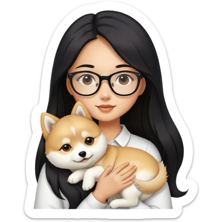A beautiful girl with long black hair and glasses is holding a long-haired white Shiba Inu puppy sticker