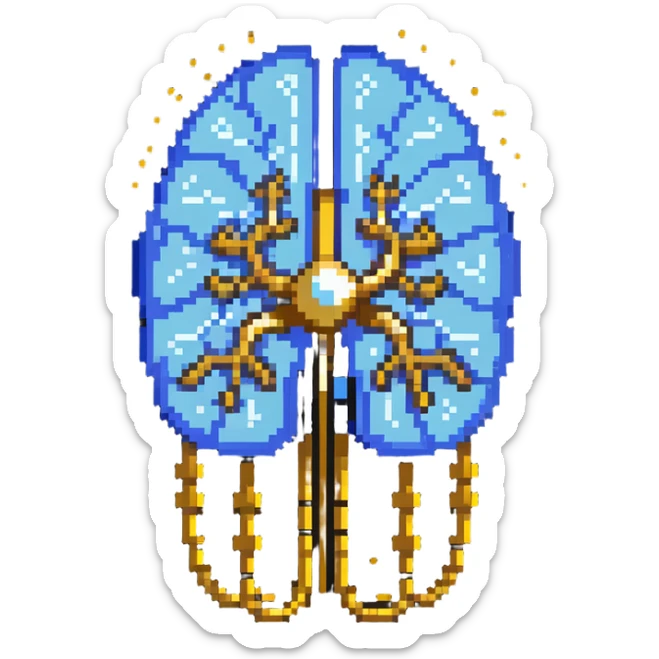Pixel art of a pearlescent blue capsule floating in front of a brain with golden pixel pulses forming neural connections. A small liver icon nearby, all rotating in a pixelated aura of mental focus sticker