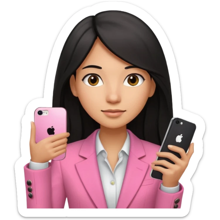 light brown girl with long black hair, dressed in a pink blazer and an iPhone 15 cell phone in her hand sticker