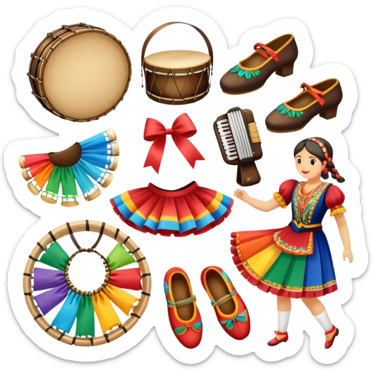 Icon for Folk Dance: close-up traditional dance shoes, colorful folk costumes, and a dance circle with ribbons and musical instruments like a tambourine or accordion. The icon should represent the vibrant and cultural aspects of folk dancing. Transparent background. sticker