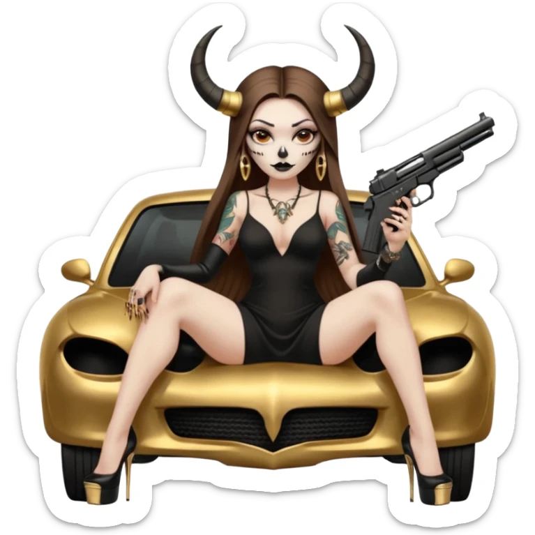 Sensual woman long brown straight haired sexy drug lord woman with tattoos on arm sleeves and black thick butt platform high heels on her feet, and devil black horns on her head, she is holding a skull head and a gun. Sitting on gold car full of gold , long black dress with sexy slit sticker