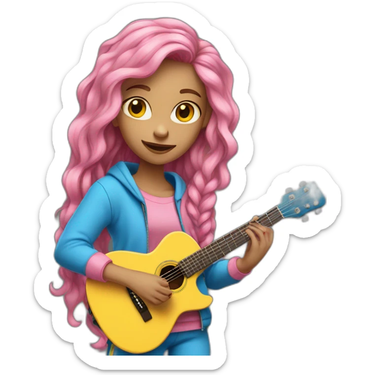 girl with blue eyes and long pink hair with a yellow and blue hairclip and a pink tracksuit playing the guitar sticker