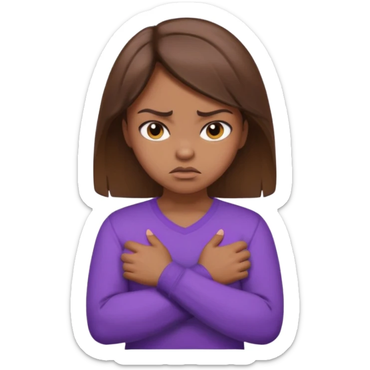 Girl with brown hair crossing arms in front of her chest and making an angry face with a purple longsleeve shirt on and be more pouty sticker