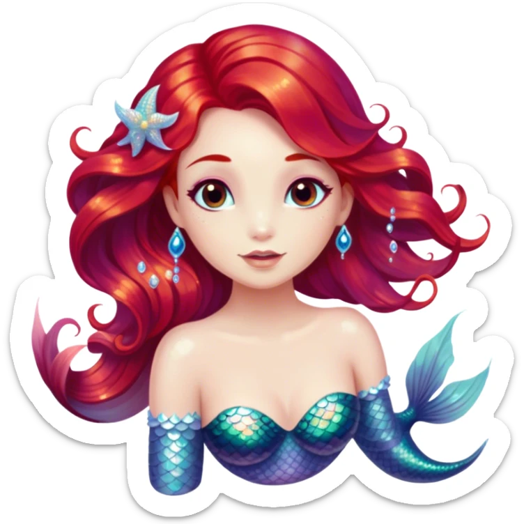 Cinematic Realistic Red Hair Mermaid Portrait, depicted with lifelike porcelain white skin that glows with an ethereal radiance, enhanced by soft underwater lighting. Her intricately detailed, flowing red hair cascades like liquid fire, framing deep, soulful eyes that mirror the mysteries of the deep sea. Accented by shimmering, iridescent scales and delicate aquatic embellishments, the portrait features an enchanting underwater glow that marries realism with mythic ocean elegance. sticker