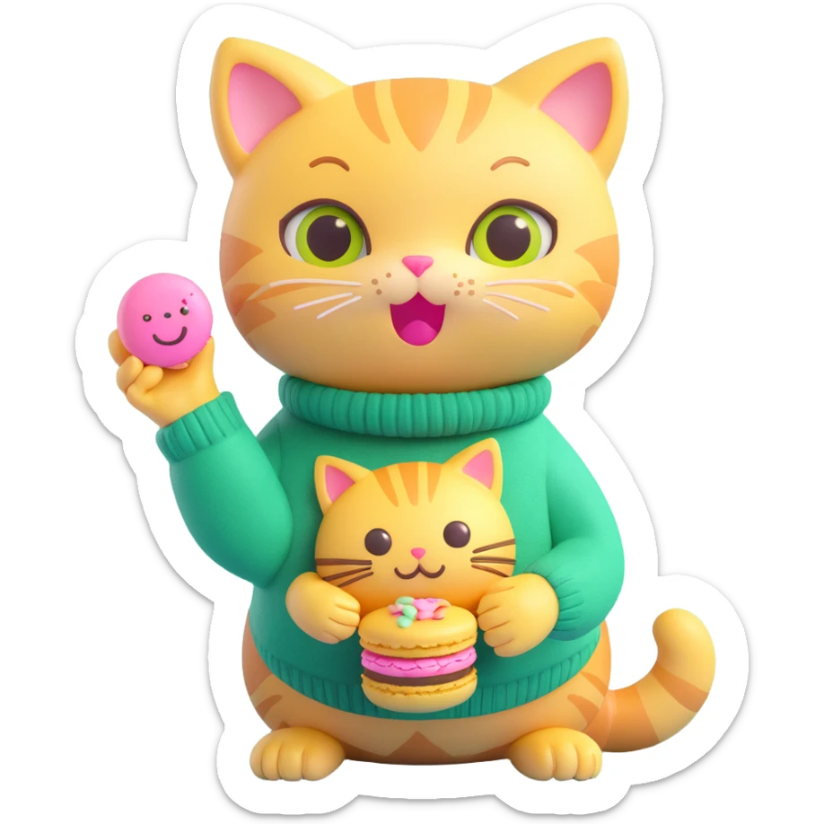 cute cat with big eyes, wearing a green sweater with yellow smiley faces and the word 'MEOWCARON', holding a pink macaron, soft and shiny, inspired by Apple iOS 3D emoji style sticker