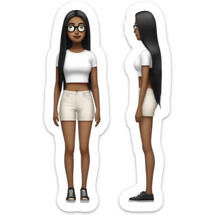 White girl with long straight black hair wearing a white crop top and glasses full body sticker
