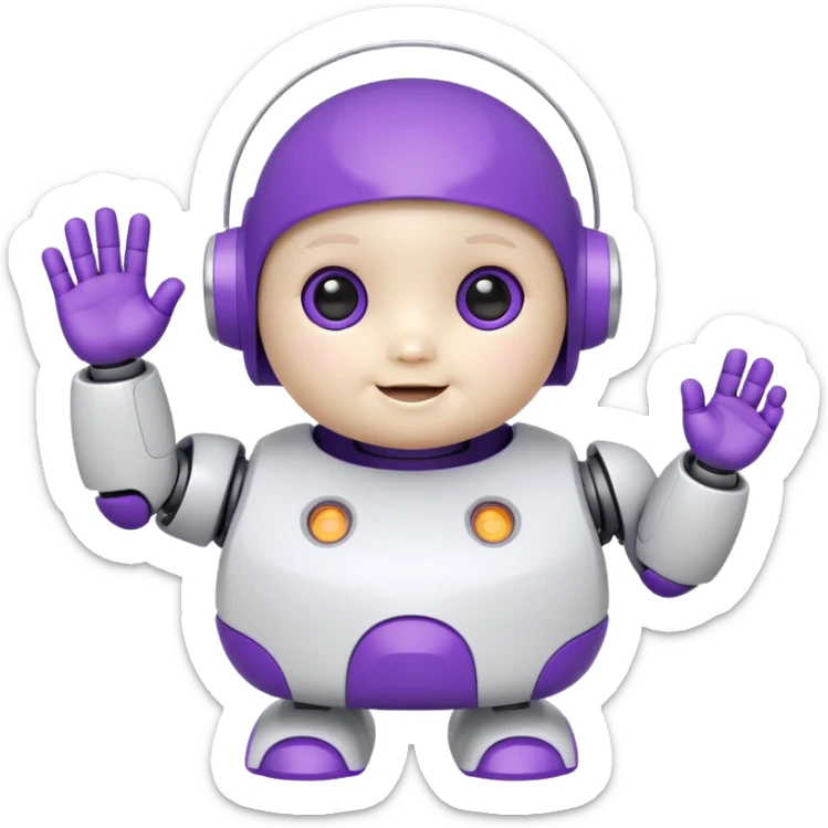adorable baby robot, white body with purple accents, chubby cheeks, waving sticker