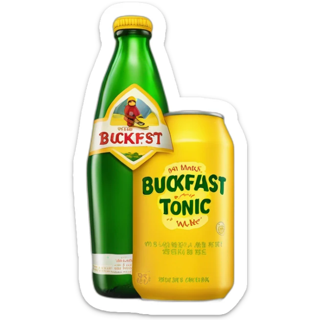 Man skiing over a giant green bottle of buckfast tonic wine with slogan made my monks makes you drunk fast on a yellow label on the bottle sticker