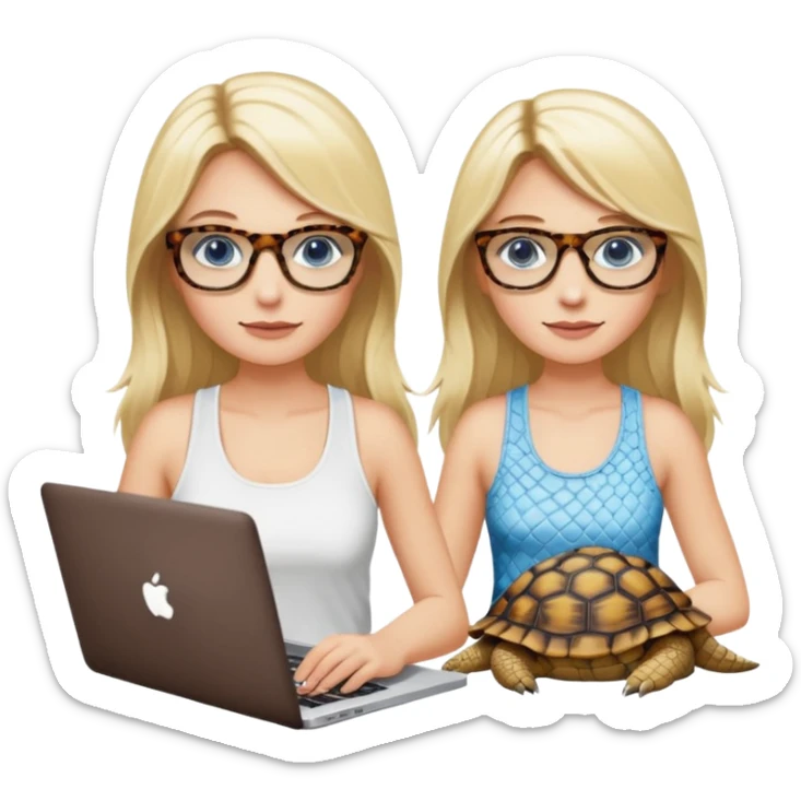 long blonde hair woman blue eyes with tortoise shell print glasses wearing white tank top on mac book with a white crocodile patterns laptop case  sticker
