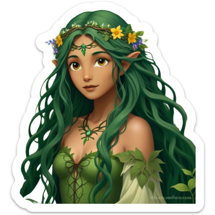 Cinematic Realistic Forest Fairy Portrait, depicted with lifelike, sun-kissed tanned skin that radiates an earthy glow, softly illuminated by natural, dappled light. Her long, flowing dark green hair is intricately detailed and interwoven with delicate vines and wildflowers, while her deep, soulful eyes mirror the wisdom of the forest. Dressed in an attire inspired by nature’s palette—with subtle botanical motifs—the portrait exudes a soft, enchanted glow that melds realism with woodland magic showing her large butterfly wings from her back. sticker