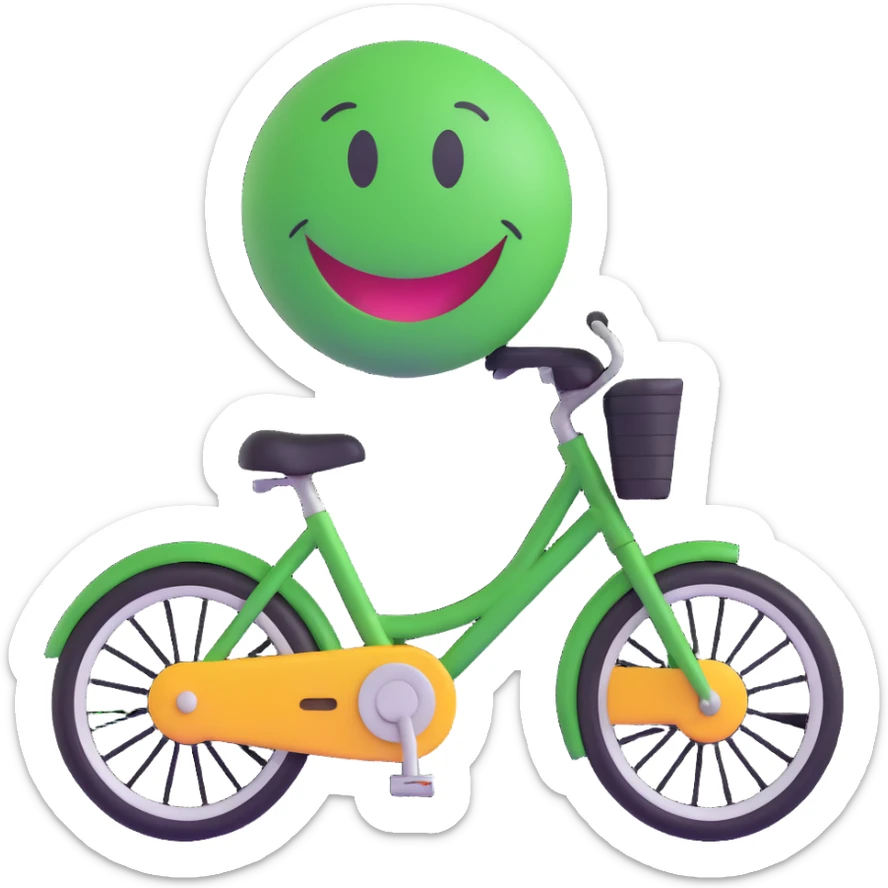 3D smiley emoji, round shape, grandfather riding a bicycle, green color, smiling face sticker
