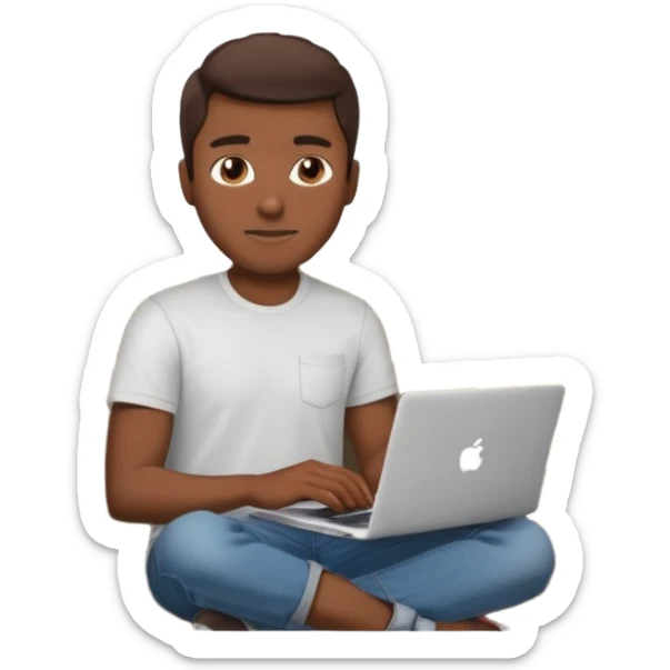 Homme développeur de teint noir, assis dans un coin cosy de son salon un week-end, ordinateur portable ouvert affichant du code. Lumière naturelle douce, ambiance calme. Habillé simplement (t-shirt clair, jean ou short), tasse de café/thé à côté. sticker