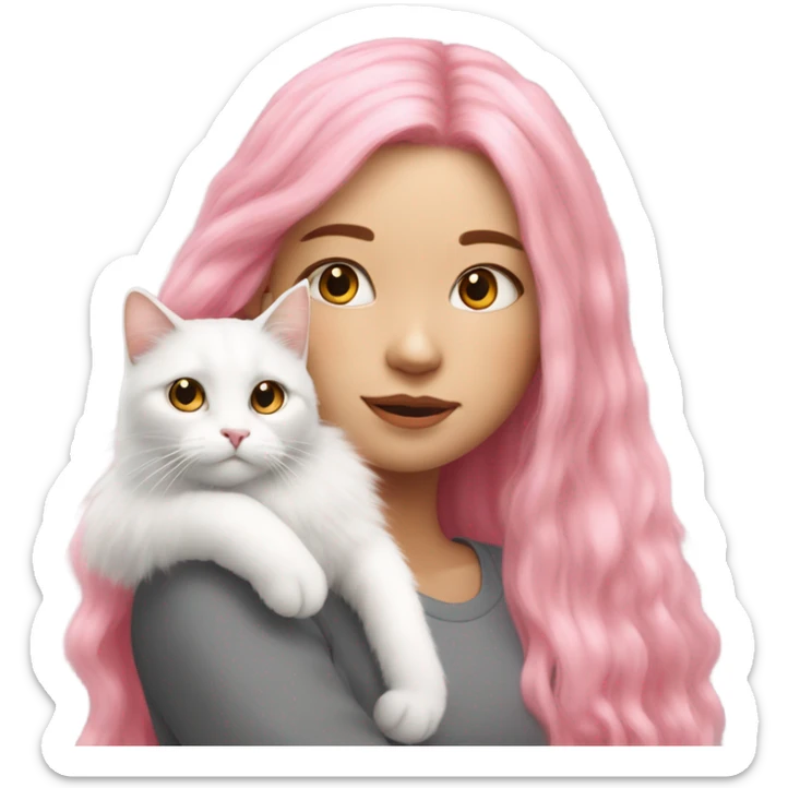 A girl with long pink hair and a white fluffy cat is lying on her left shoulder and neck sticker