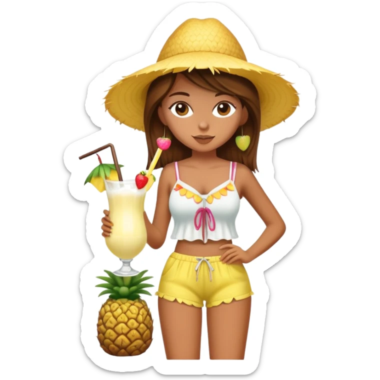 Full body of a very tan skinned girl with brown hair wearing a summer outfit sipping a piña colada sticker
