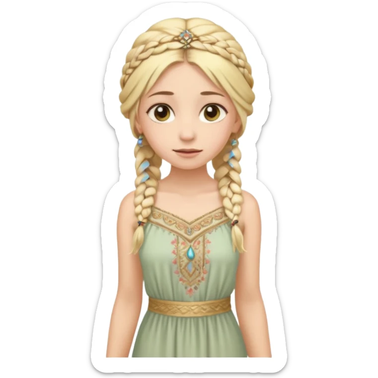 
mujer, Joven, de aspecto dulce y elegante.
Piel clara, ojos grandes y expresivos, sonrisa triste.
Rubio o castaño claro, largo, con trenzas o velo.
Vestido largo hasta los pies de tonos suaves (blanco, azul o lavanda), con bordados dorados; toca fina cubriendo la cabeza. sticker