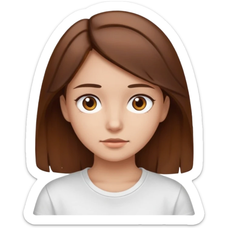 A Girl with Brown hair and Brown eyes with a t-shirt White. The t-shirt have un  sticker