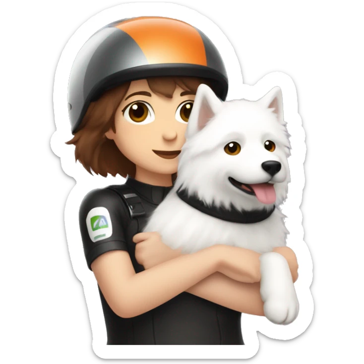 Girl biker white skin and brown short hair with a agv helmet hugging a Samoyed sticker