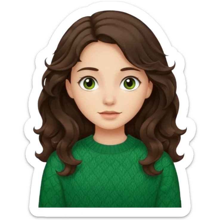 Una chica güera con pelo ondulado, café oscuro, largo, ojos cafés oscuros y con suéter o camisa verde sticker