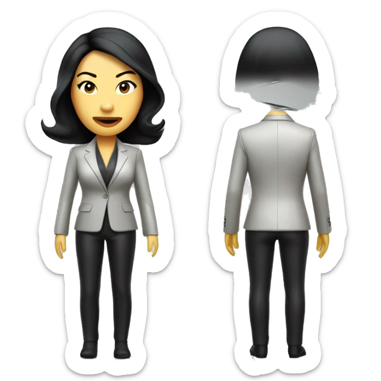 Asian woman, looking like Lucy Liu,  in business leather suit breaks a rod sticker